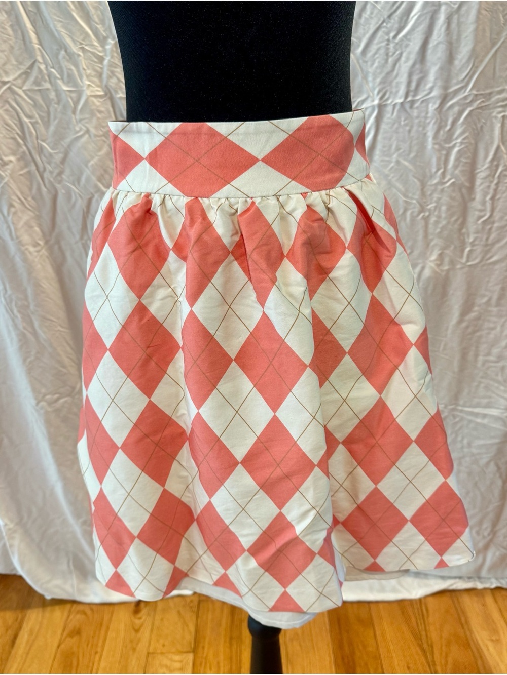 Elizabeth McKay Coral and White Diamond-Check Gathered Skirt